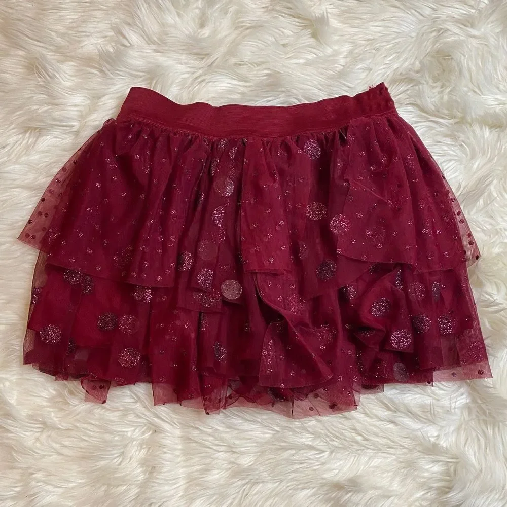 Girl’s sparkle ruffle burgundy Justice Skirt size 16 elastic waist